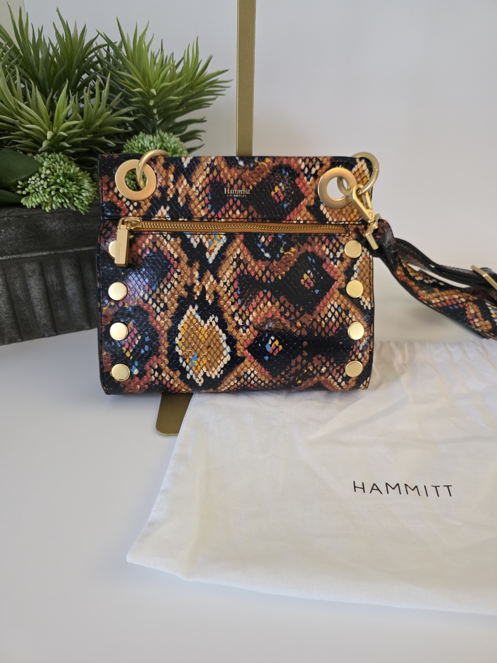 Hammitt Tony Small Botanical Snake Print Leather Crossbody Brushed Gold